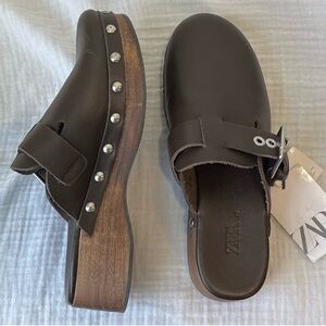 🍄‍🟫NWT! ZARA Genuine leather wooden clogs women size 35/5